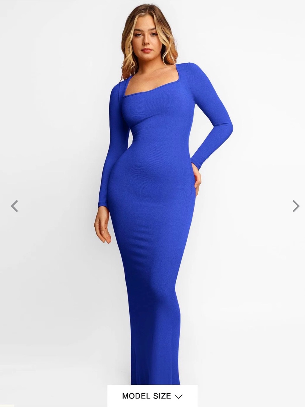 Popilush ribbed Long Sleeve Square Neck Royal Blue Maxi Dress